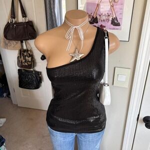 y2k 2000s mcbling Bebe black one shoulder asymmetrical sequin top
